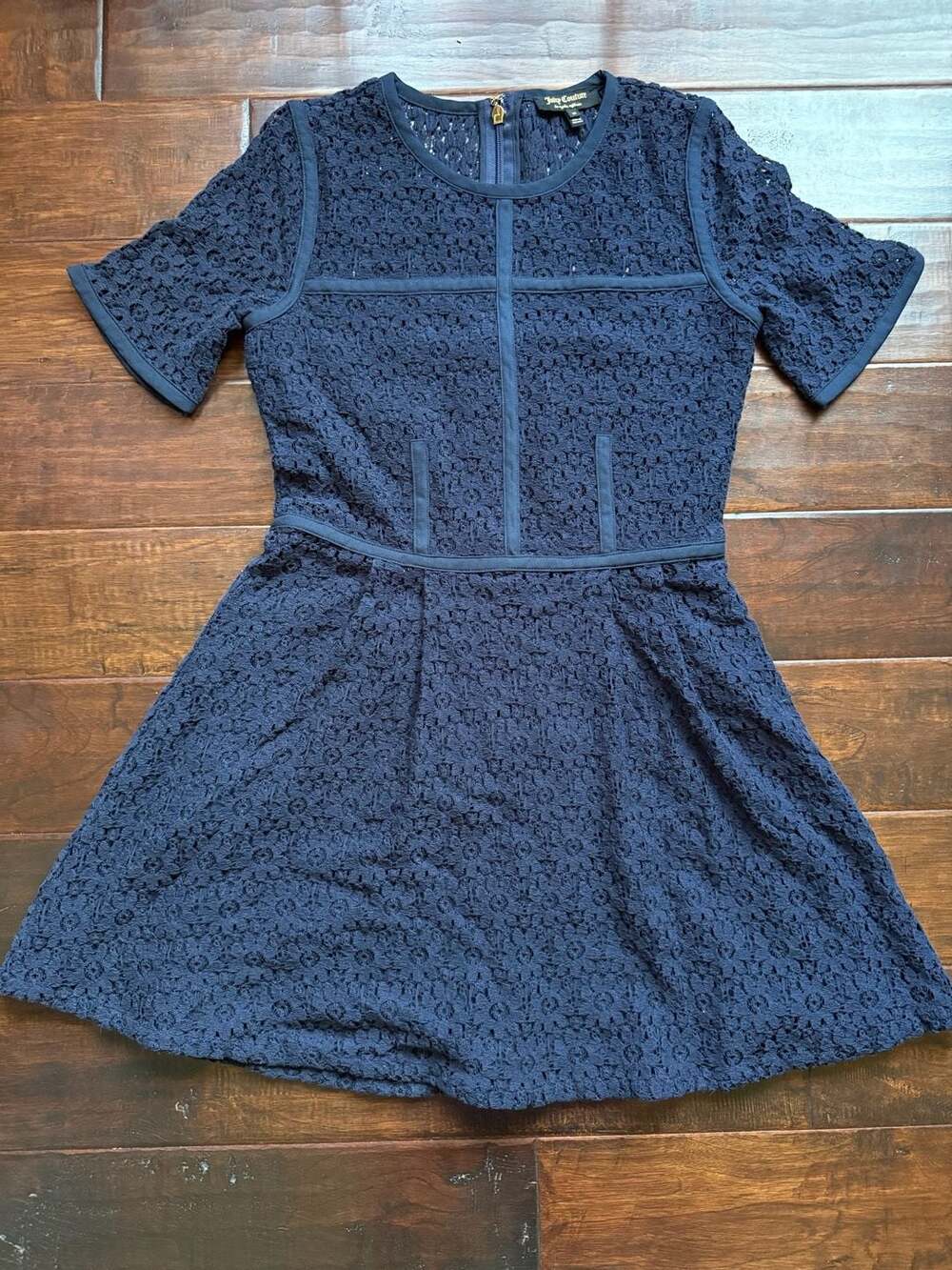 Juicy Couture Navy Blue Lace Short Sleeve Fit & Flare Dress Size Small